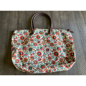 Longaberger Tote Bag Large Floral Print Carryall Travel Shoulder Bag Brown